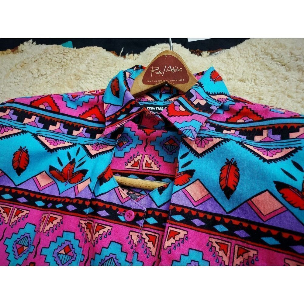 Vtg 1980s 90s NAVAJO Turquoise Pink ALL-OVER Print BRUSHPOPPER Rodeo Shirt Sz S - Picture 4 of 8